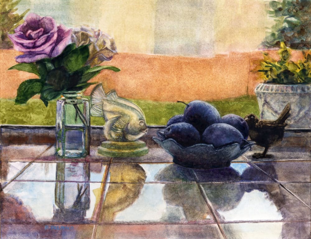 a still life in watercolor of roses in a bud vase and a bowl of plums on a windowsill reflected in kitchen counter tiles