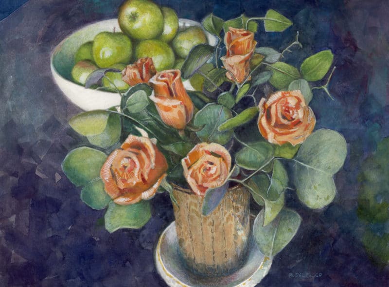 a watercolor still life of peach colored roses and green apples with eucalyptus leaves