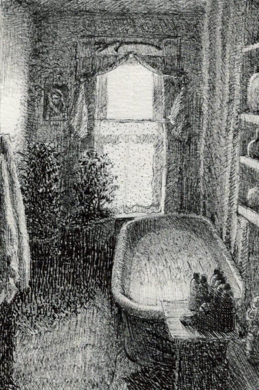 a bathtub in a narrow room with a window on the back wall and plants by the sill