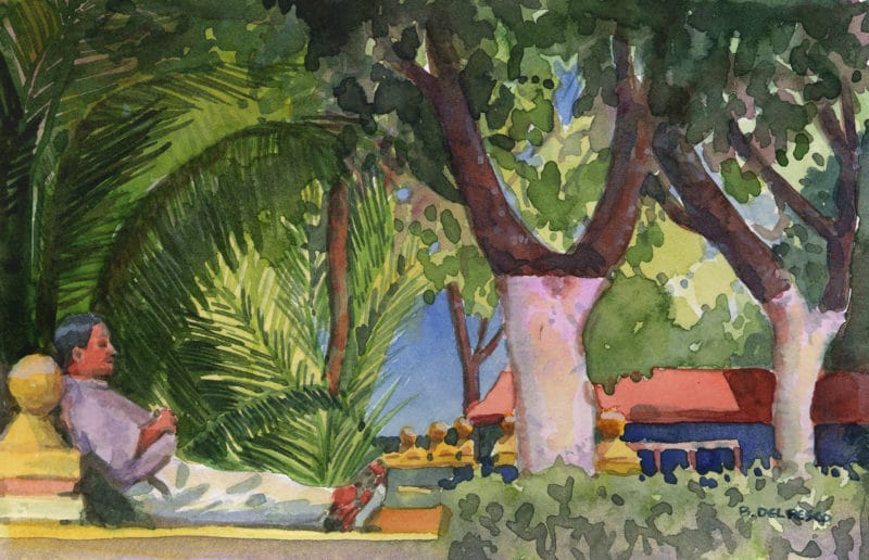 A watercolor of a man napping under palms and trees with their trunks painted white