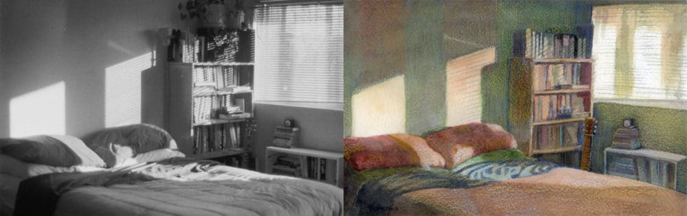 Interior still life watercolor design ideas - a photo of a bedroom in black and white, and art based on the photo in imaginary colors