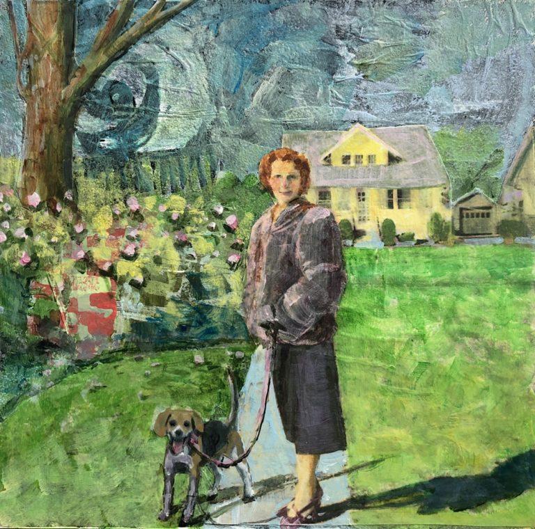 A woman wearing a fur coat and a pencil skirt walking her beagle dog in a green neighborhood