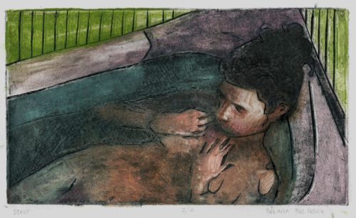 color collagraph print of a nude in a bathtub