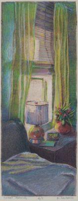 a collagraph print of a bedroom window
