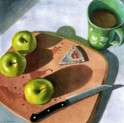 still life watercolor painting os a chopping block with freshly washed granny smith green apples, a knife, and a wedge of laughing cow cheese near a cup of coffee