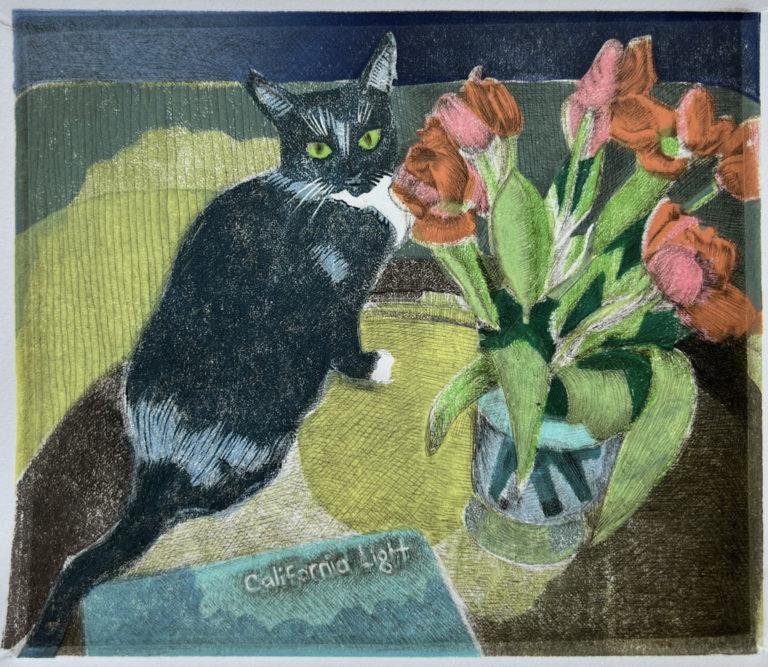 reduction linocut with drypoint etching print combination of a tuxedo cat and a vase of tulips