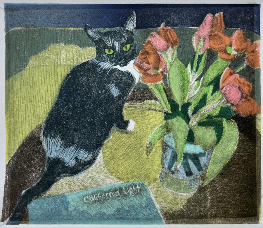 reduction linocut with drypoint etching print combination of a tuxedo cat and a vase of tulips