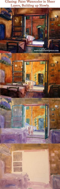 The progression of watercolor glazing in watercolor painting in stages