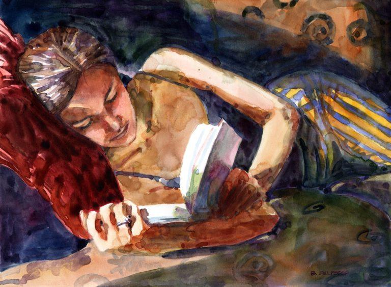 Watercolor of a girl reading a book