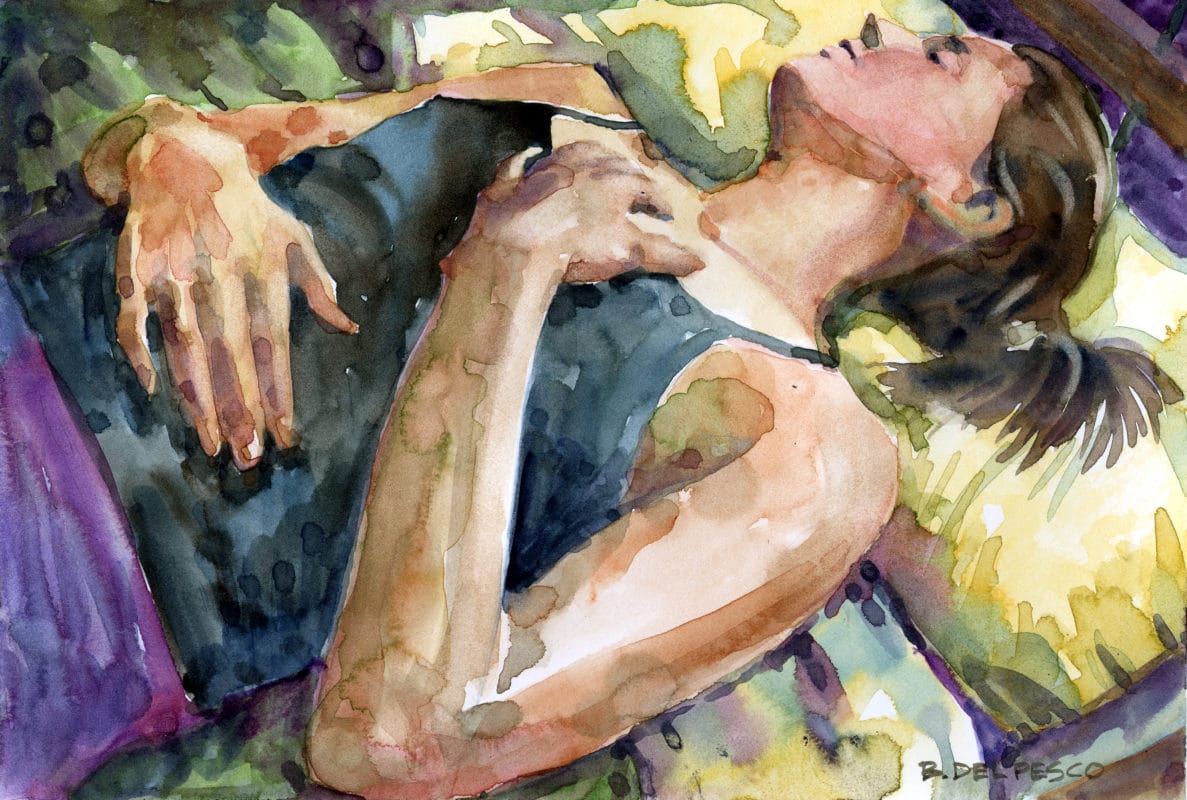 Watercolor of a young woman sleeping in a black camisole on yellow sheets