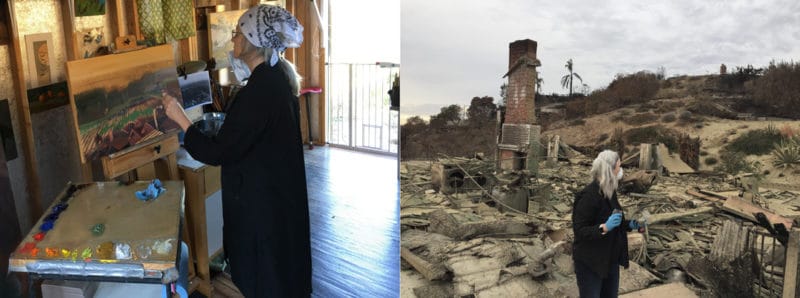 a woman painting in an art studio, and the same woman standing before a burned down house