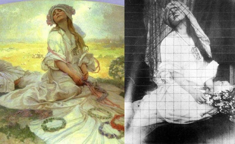 a painting by Alphonse mucha next to a reference photo with grid lines drawn through it