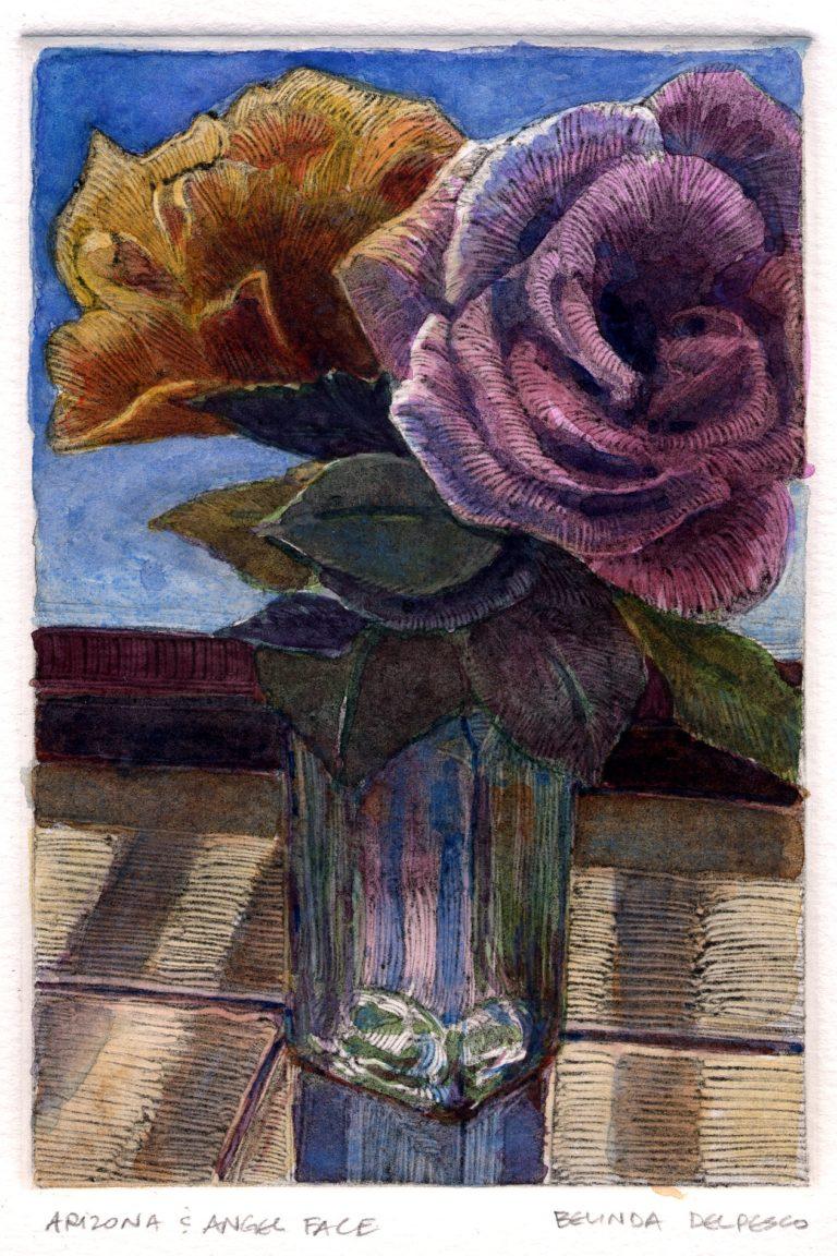 a dark field monotype ghost print with watercolor added, featuring two roses in a bud vase