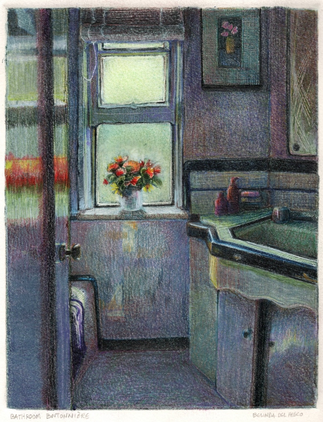 a monotype print of a bathroom with art deco tile, and an open window with a bouquet of flowers on the sill in the sunlight