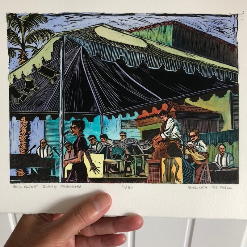 a linocut print painted with watercolor showing a swing band under a canopy