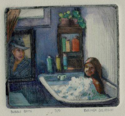 drypoint etching from plexiglass, of a girl in a bath tub