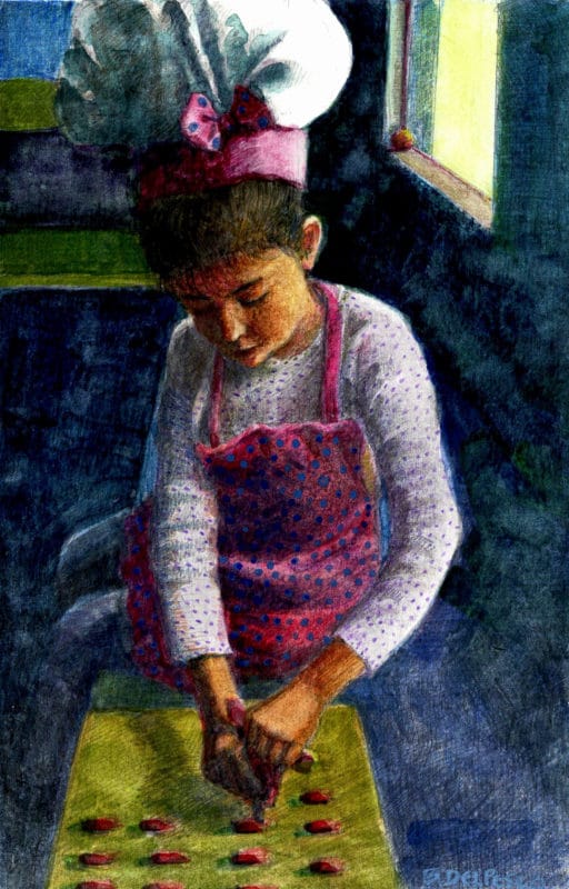 a watercolor sketch of a little girl in a pink chef's hat and apron, sitting on the counter, squeezing candy dough into a baking tray