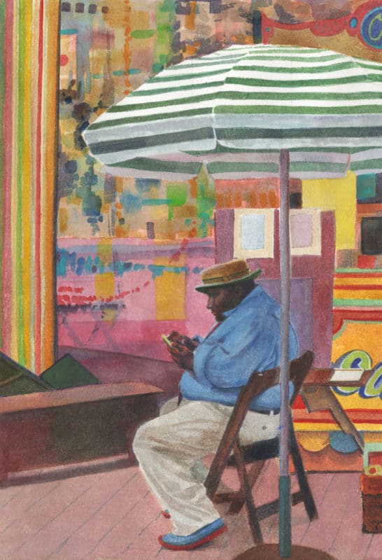a watercolor portrait of a caricature artist in San Francisco, painted in watercolor