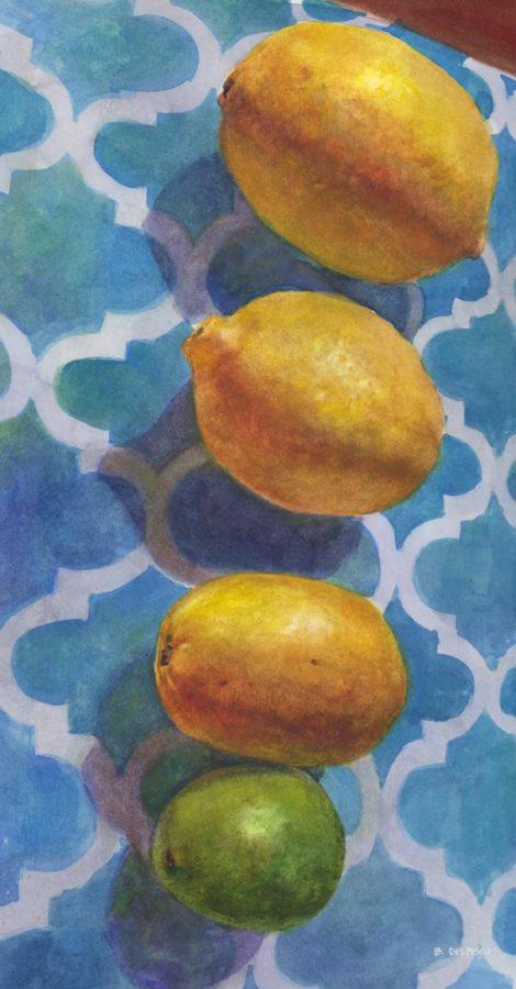 a still life painting of a row of lemons and one lime in a vertical line up on a blue patterned cloth, painted in watercolor