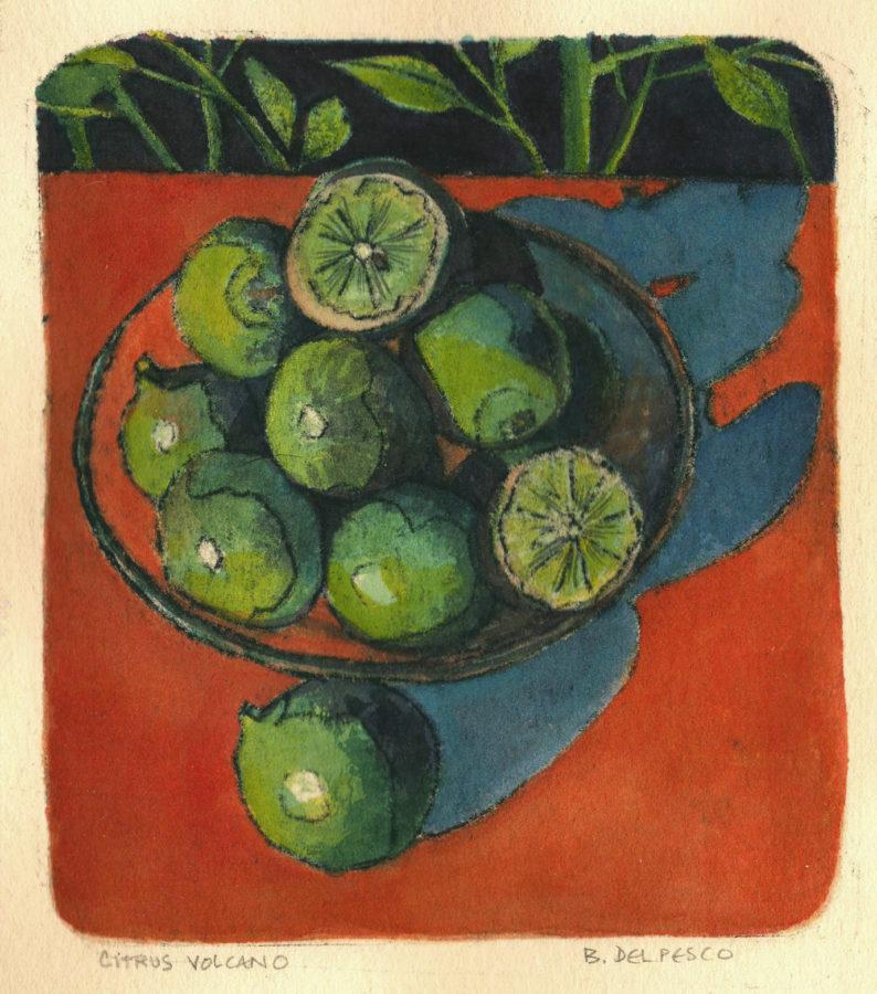intaglio print of limes in a bowl