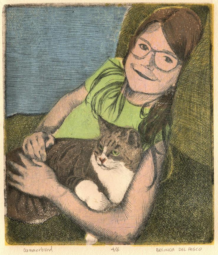 linocut and drypoint etching of a girl holding a cat