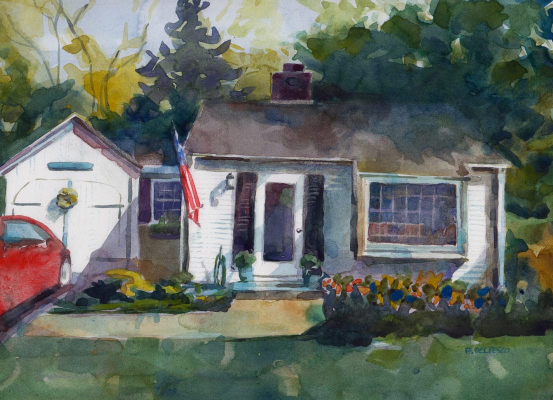 a watercolor of a small, single story, white clapboard house, with black shutters and an american flag hanging on the front, and a red car parked in the driveway in front of a single car garage with a small wreath on the door