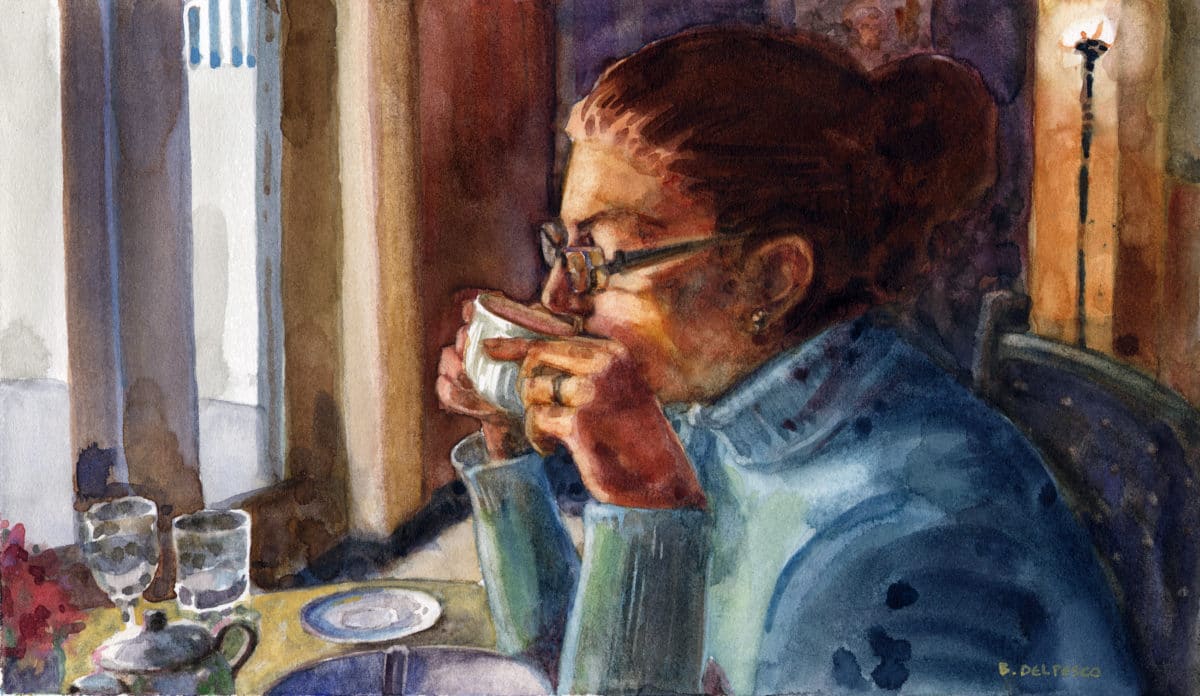 a woman in profile, painted in watercolor, sitting at a table in a cafe, sipping tea