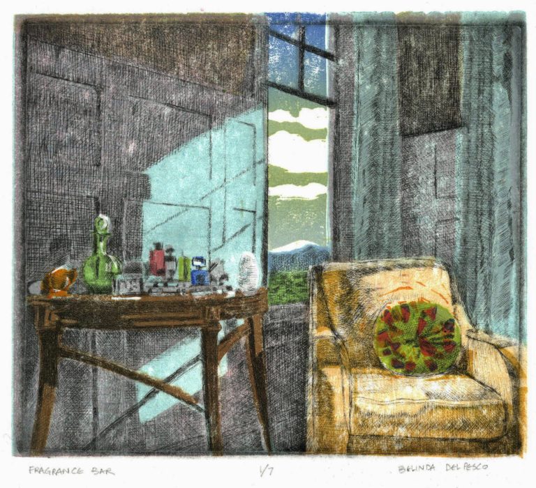 linocut and drypoint etching art print of a yellow chair near a window and a table with perfume bottles on it