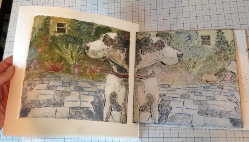 collagraph-print of a great dane dog - in color - being pulled from an etching press in an artist's studio (Belinda Del Pesco)