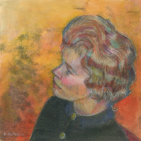a trace monotype of a woman in profile, painted with watercolor and enhanced with colored pencil