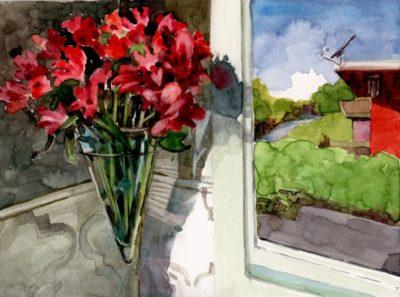 a still life in watercolor with a hanging vase of flowers, near a window looking towards a neighboring house