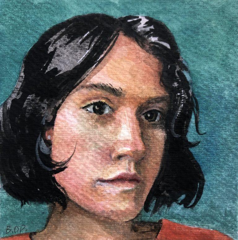 a tiny portrait in watercolor of a girl's face, with chin length black hair, looking off to the distance over our shoulder
