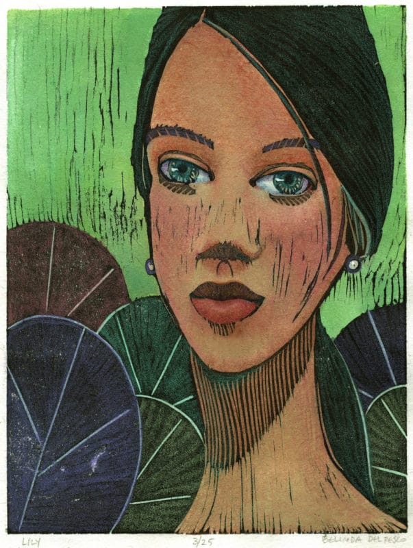 a manga style woodcut print portrait of a woman's face with pond lily leaves behind her