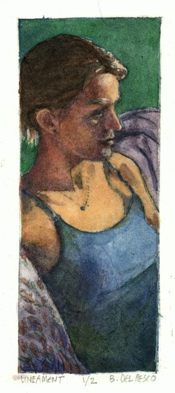 drypoint etching portrait painted with watercolor - a woman in profile