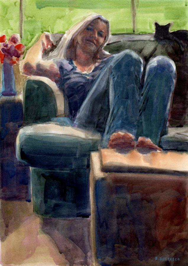 a watercolor painting by Belinda del pesco of a woman sitting on a couch with bare feet on a coffee table and a cat perched on the back of the couch behind her.