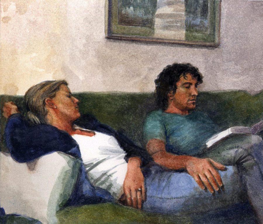 a watercolor portrait of a couple, seated on a couch, reading a book