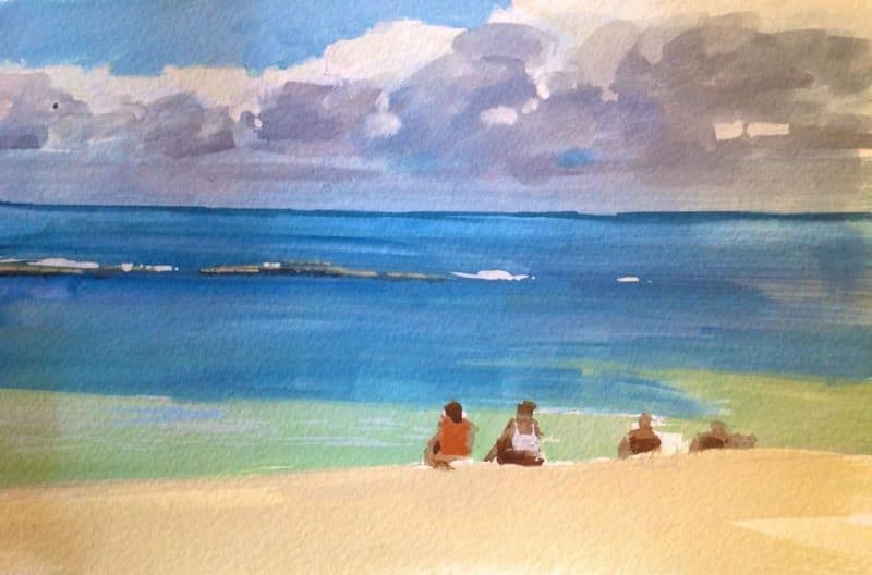 figures on a beach with big clouds above and azure blue ocean in between in a quick sketchbook study by Terry Miura
