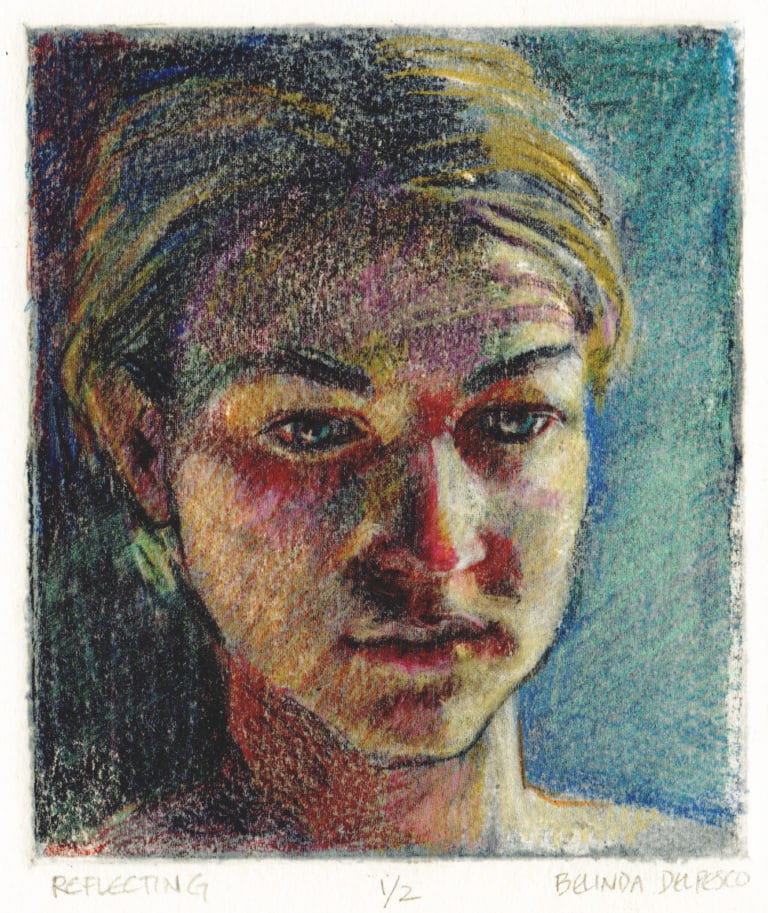 silk-aquatint of a young woman contemplating