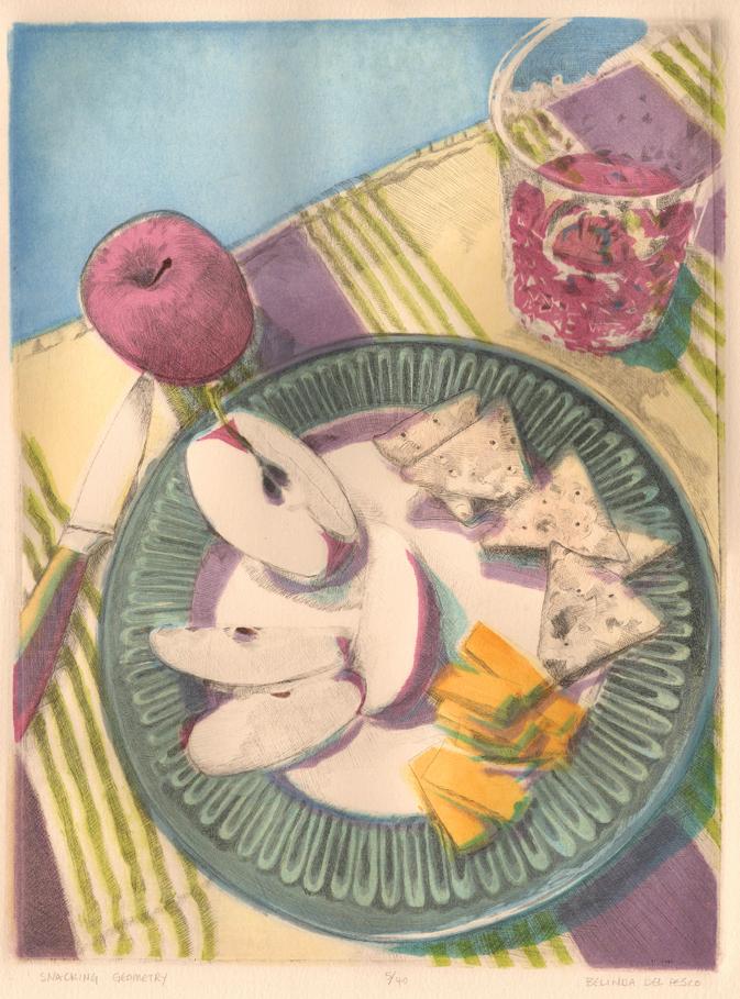 drypoint and linocut print still life in color of a plate with apples and cheese and crackers