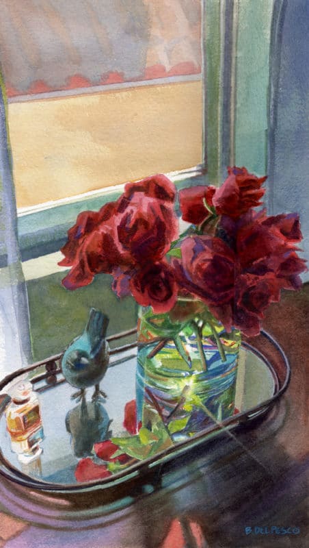 A watercolor floral still life of roses in a glass vase on a mirrored tray with reflections and refracted light and a bird figurine