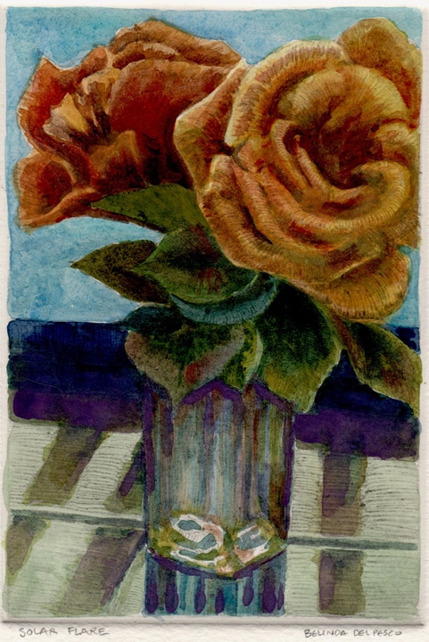 two orange roses in a green bud vase against a windowsill on a tile counter
