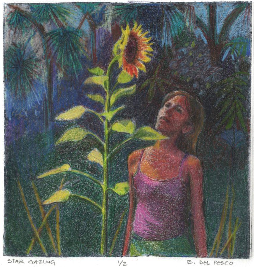collagraph-print of a girl and a sunflower made from a recycled food carton