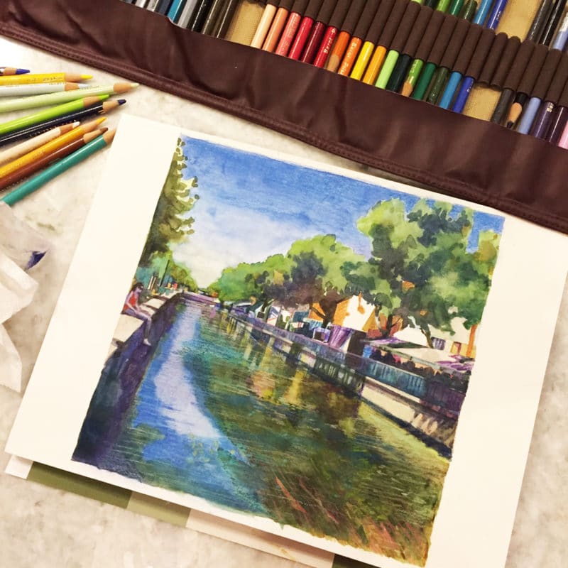 painting in watercolor with colored pencil