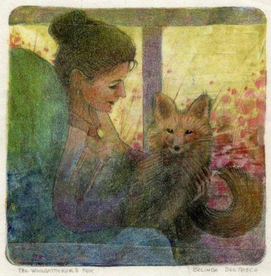 gelli print monotype with a girl holding a fox on her lap