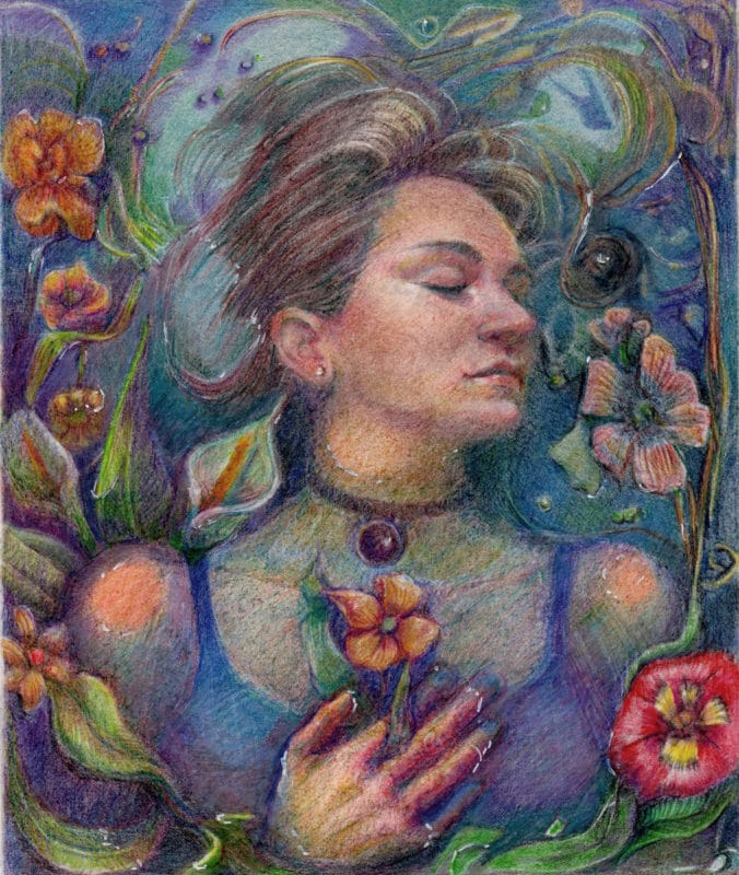 Ophelia woman floating peacefully in water with her eyes closed holding flowers in her hand