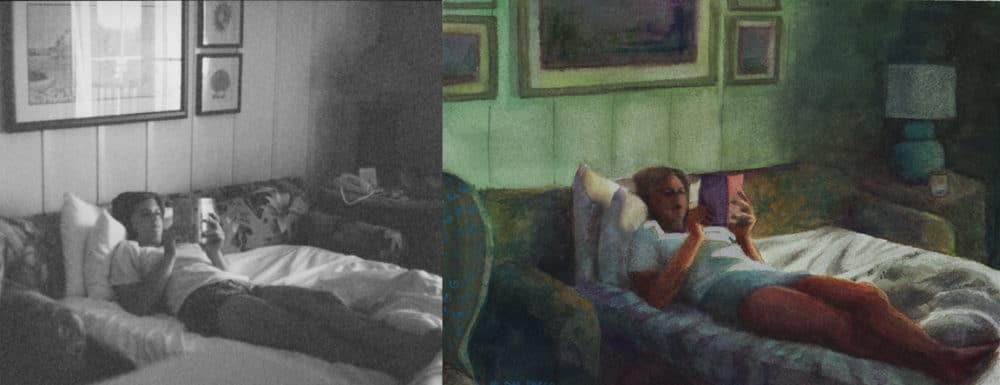 Painting ideas for still life and interior watercolors - a reference photo in black and white of a bedroom with a girl reading on a bed, and a watercolor version of the scene with embellished details around the room