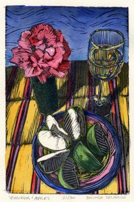linocut still life of sliced apples, a rose and a glass of white wine on a striped plate and table cloth