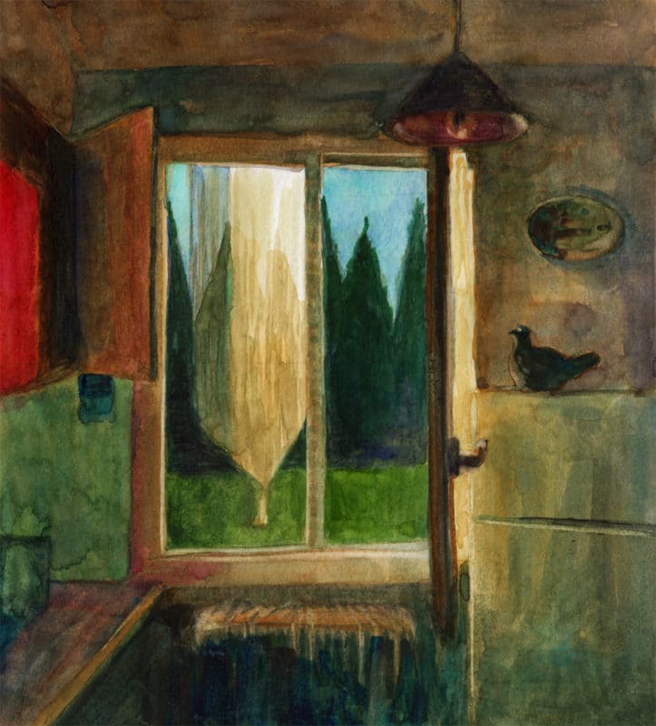 a watercolor sketch of a kitchen window in a rental in Provence, France
